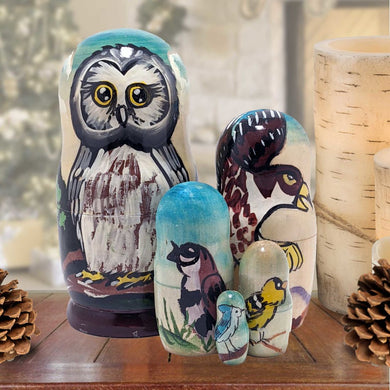Owls Family Matreshka Nesting Hand-Painted Doll Set of 5 by G. DeBrekht - Wildlife Holiday Decor - 140079
