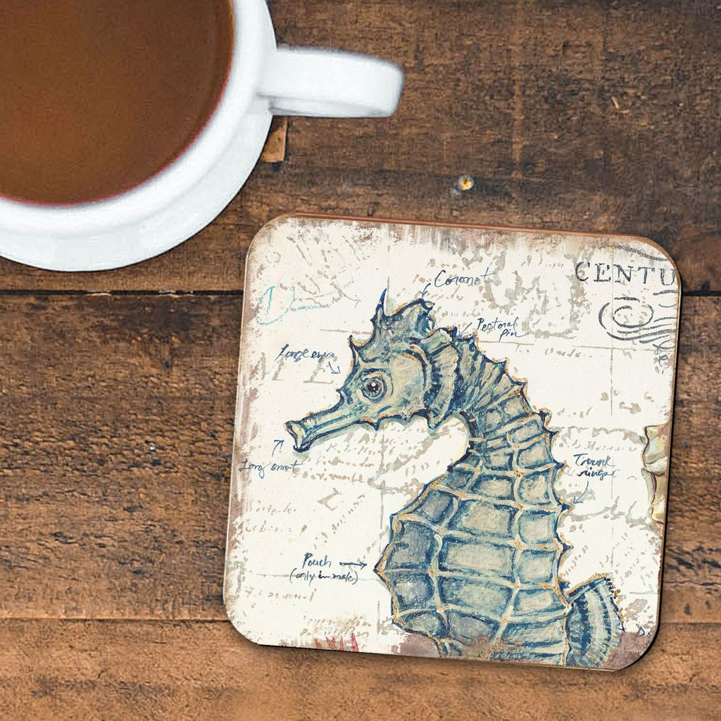 Seahorse Coastal Wooden Cork Coasters Gift Set of 4 by Nature Wonders - Coastal Sea-Life Decor - 8198621C-S4