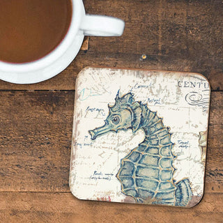 Seahorse Coastal Wooden Cork Coasters Gift Set of 4 by Nature Wonders - Coastal Sea-Life Decor - 8198621C-S4