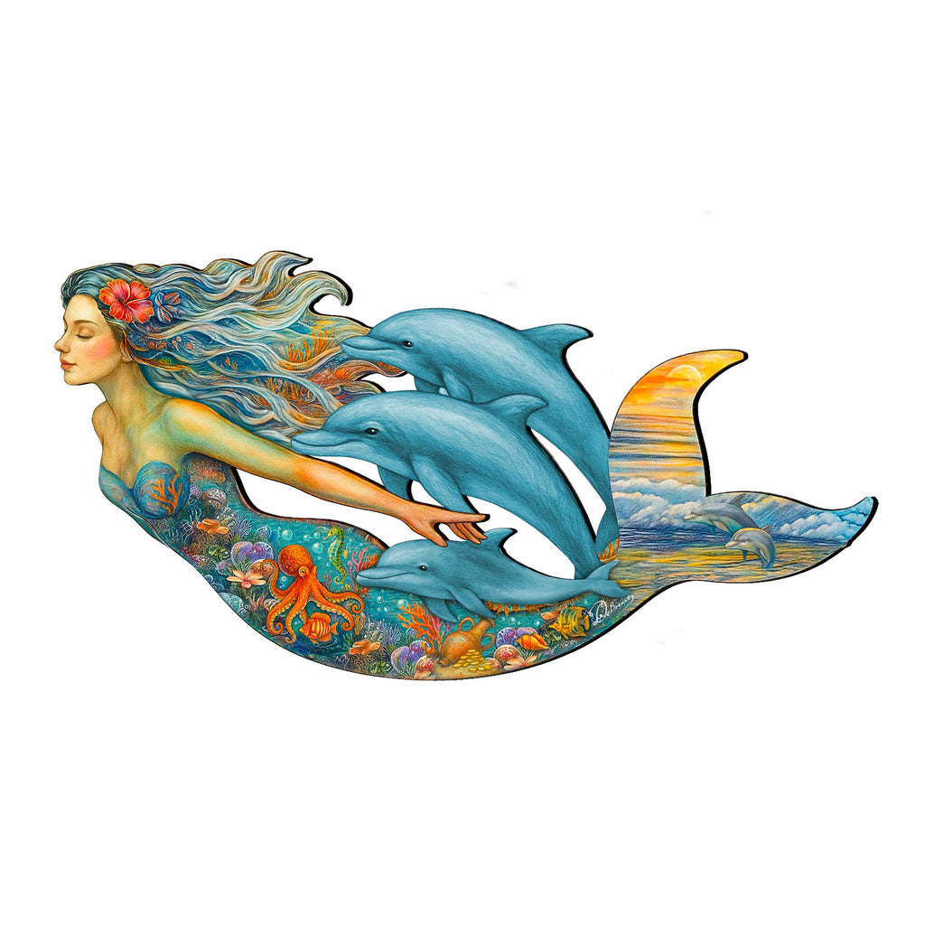 Colorful mermaid wall art with dolphins and ocean life, handcrafted by GDebrekht Artistic Studio. Features vibrant undersea details, flowing hair, and a sunset dolphin tail, perfect for coastal wall decor, nautical door art, or beach house decoration. Ideal for ocean lovers seeking unique gifts or coastal door decorations. Made in the USA for indoor or outdoor display.