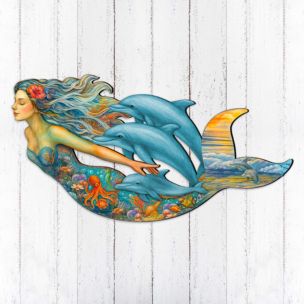 Colorful mermaid wall art with dolphins and ocean life, handcrafted by GDebrekht Artistic Studio. Features vibrant undersea details, flowing hair, and a sunset dolphin tail, perfect for coastal wall decor, nautical door art, or beach house decoration. Ideal for ocean lovers seeking unique gifts or coastal door decorations. Made in the USA for indoor or outdoor display.