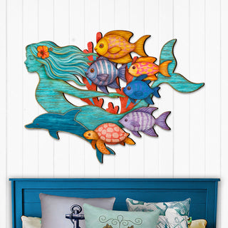 Vibrant mermaid wall decor with tropical fish, sea turtle, and dolphin, handcrafted by GDebrekht Artistic Studio. Features distressed aqua finish, coral reef accents, and ocean-inspired colors, perfect for coastal wall decor, nautical living rooms, or beach house gifts. Made in the USA, ideal for indoor coastal holiday decor and coastal door decorations.