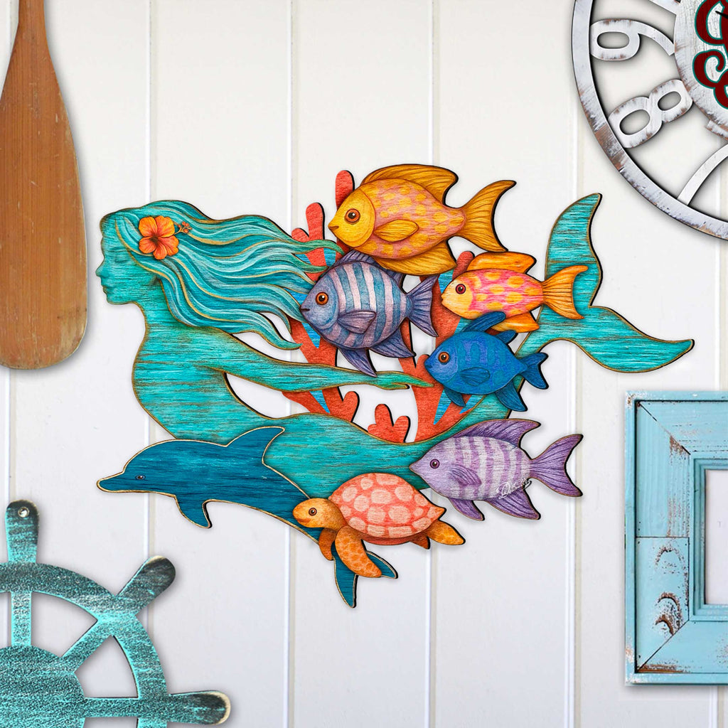 Vibrant mermaid wall decor with tropical fish, sea turtle, and dolphin, handcrafted by GDebrekht Artistic Studio. Features distressed aqua finish, coral reef accents, and ocean-inspired colors, perfect for coastal wall decor, nautical living rooms, or beach house gifts. Made in the USA, ideal for indoor coastal holiday decor and coastal door decorations.
