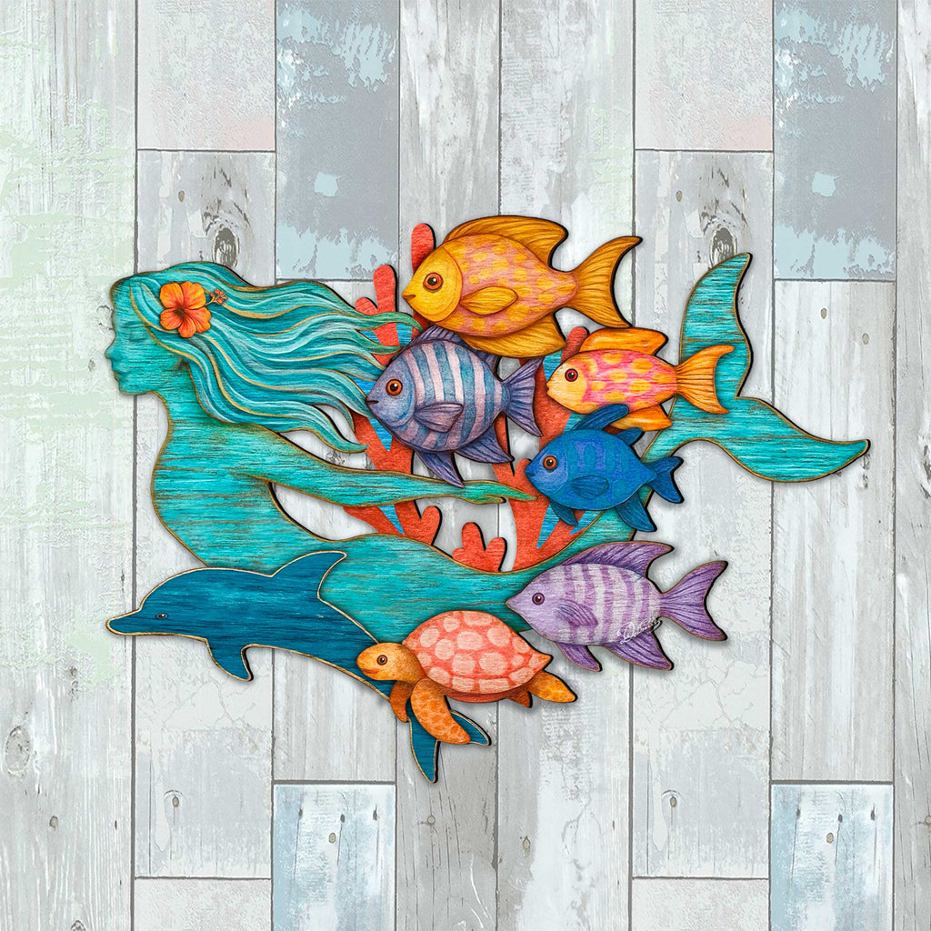 Colorful mermaid coastal wall decor with tropical fish, dolphin, and sea turtle, handcrafted by GDebrekht Artistic Studio. Made in the USA, this nautical door hanger features vivid ocean life details and weathered wood texture, perfect for coastal holiday decor, beach house accents, or undersea-themed gifts. Ideal for indoor or outdoor coastal door decorations.
