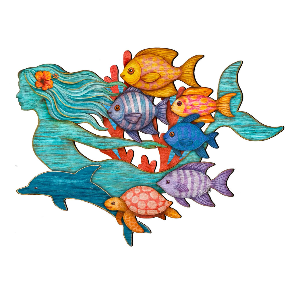 Vibrant mermaid wall decor with tropical fish, sea turtle, and dolphin, handcrafted by GDebrekht Artistic Studio. Features distressed aqua finish, coral reef accents, and ocean-inspired colors, perfect for coastal wall decor, nautical living rooms, or beach house gifts. Made in the USA, ideal for indoor coastal holiday decor and coastal door decorations.