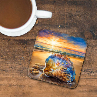 Sunset on the Beach Wooden Cork Coasters Gift Set of 4 by G. Debrekht - Coastal Holiday Décor - 8199450C-S4