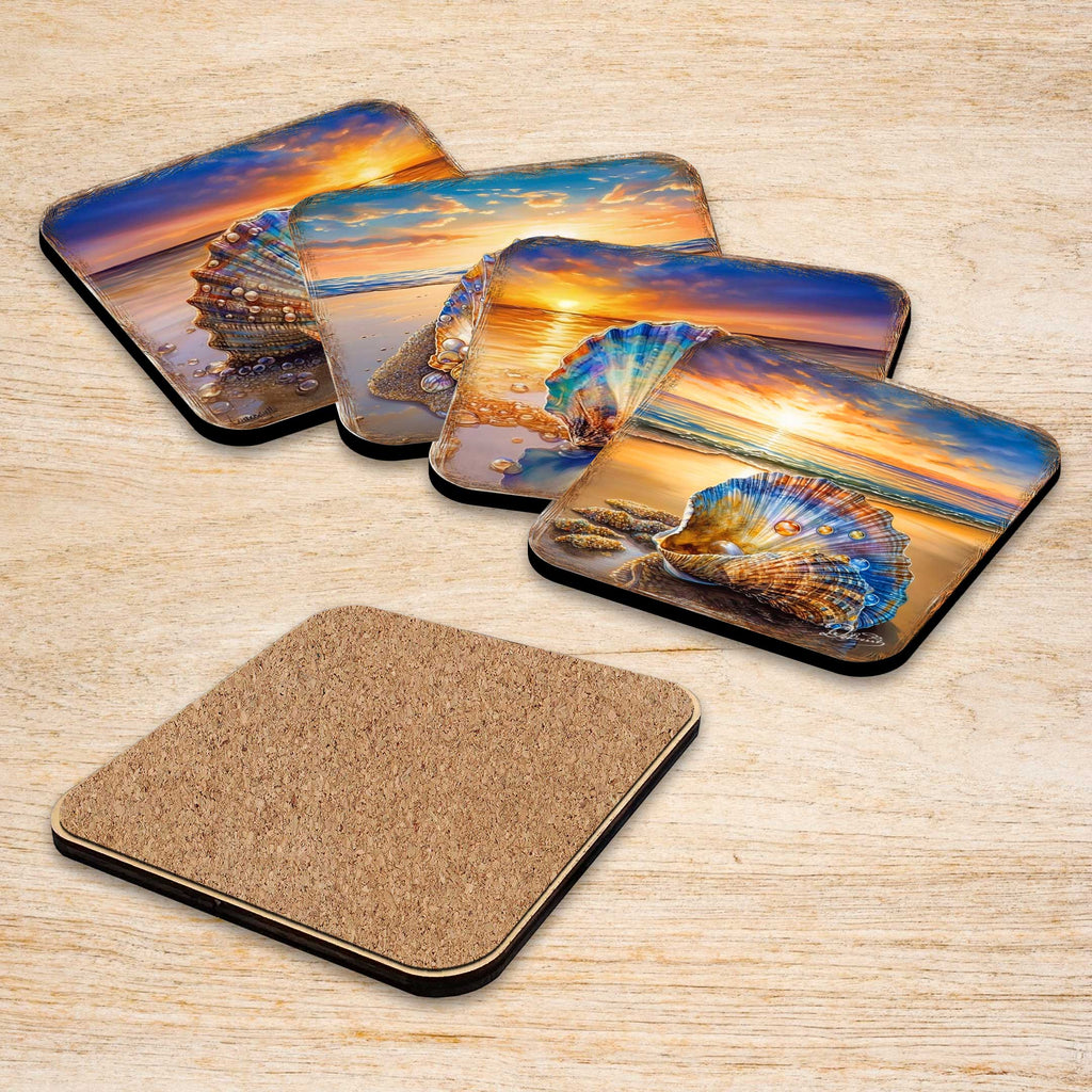 Sunset on the Beach Wooden Cork Coasters Gift Set of 4 by G. Debrekht - Coastal Holiday Décor - 8199450C-S4