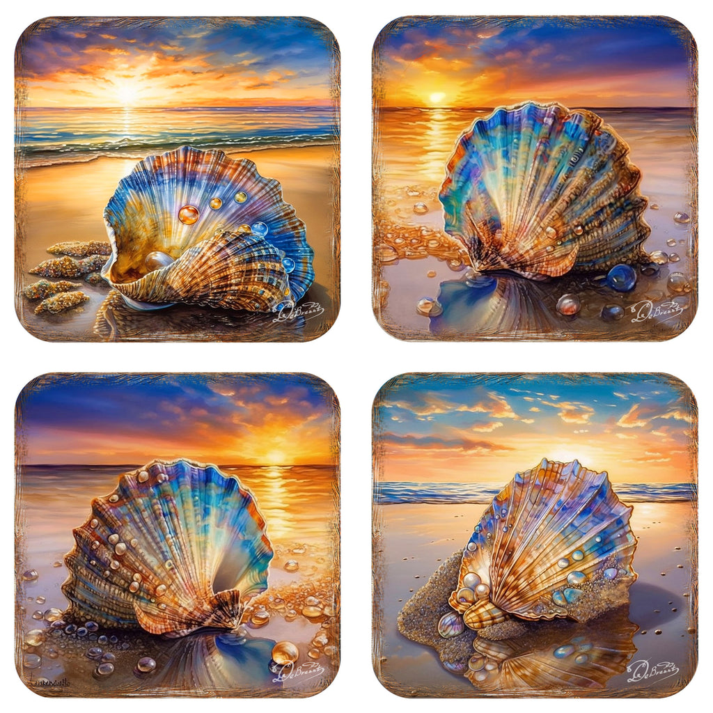 Sunset on the Beach Wooden Cork Coasters Gift Set of 4 by G. Debrekht - Coastal Holiday Décor - 8199450C-S4