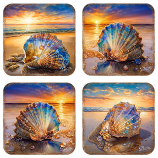 Sunset on the Beach Wooden Cork Coasters Gift Set of 4 by G. Debrekht - Coastal Holiday Décor - 8199450C-S4
