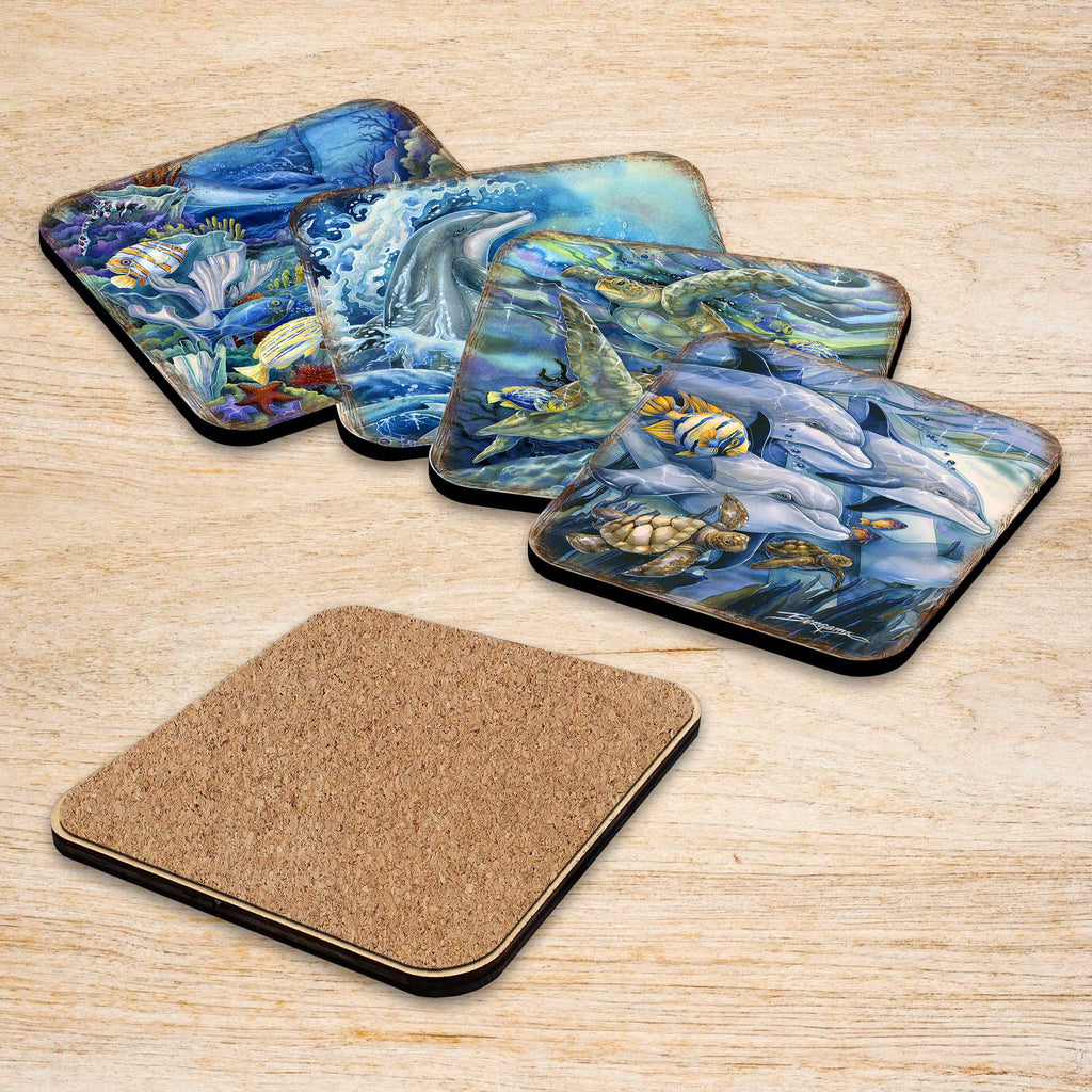 Sea Creatures Wooden Cork Coasters Gift Set of 4 by J. Bergsma - Coastal Décor - 8199456C-S4