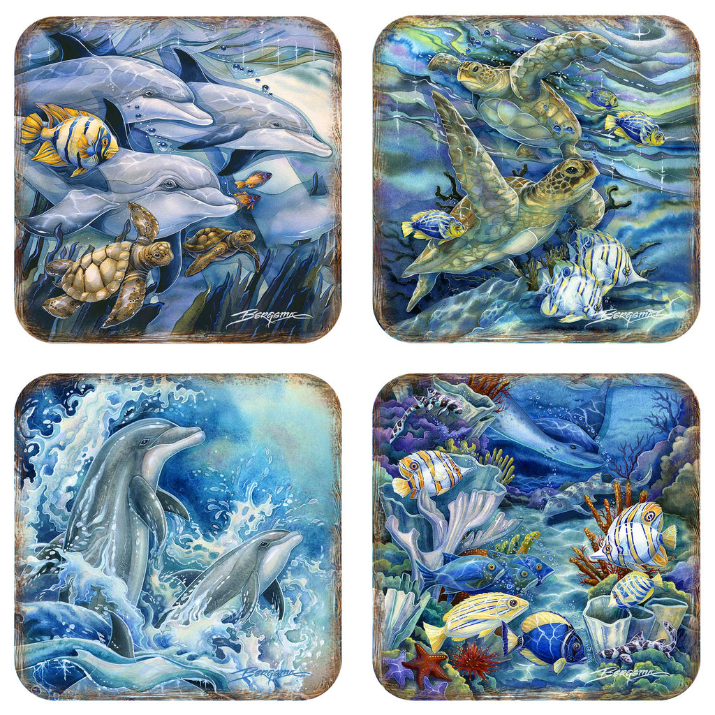 Sea Creatures Wooden Cork Coasters Gift Set of 4 by J. Bergsma - Coastal Décor - 8199456C-S4