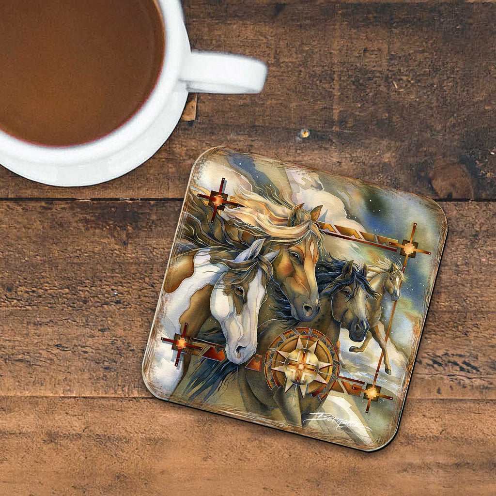 Wild Horses Wooden Cork Coasters Gift Set of 4 by J. Bergsma - Wildlife Décor - 8199474C-S4