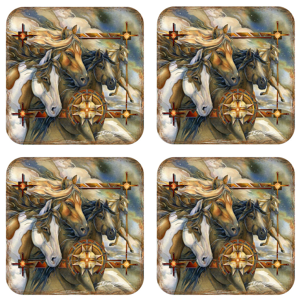 Wild Horses Wooden Cork Coasters Gift Set of 4 by J. Bergsma - Wildlife Décor - 8199474C-S4