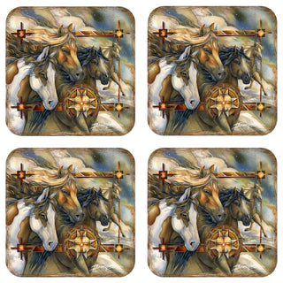 Wild Horses Wooden Cork Coasters Gift Set of 4 by J. Bergsma - Wildlife Décor - 8199474C-S4