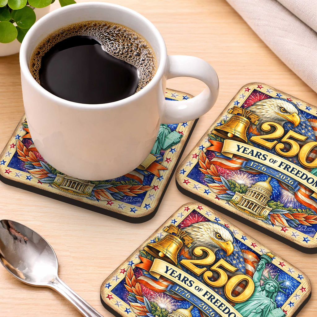 250 Years of Freedom Patriotic Coaster Set – USA Eagle Wooden Drink Coasters Set of 4 - 8199476C-S4