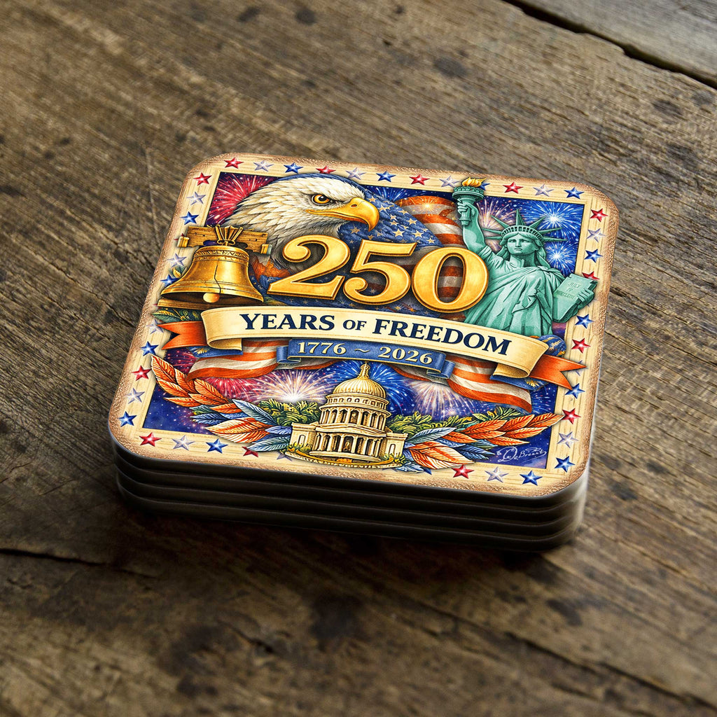 250 Years of Freedom Patriotic Coaster Set – USA Eagle Wooden Drink Coasters Set of 4 - 8199476C-S4