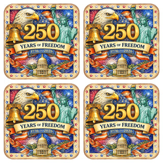 250 Years of Freedom Patriotic Coaster Set – USA Eagle Wooden Drink Coasters Set of 4 - 8199476C-S4
