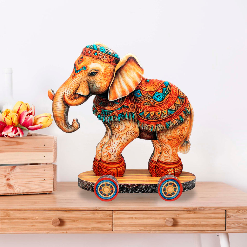 Enchanting Elephant on Wheels Limited Edition Wooden Figurine by G. Debrekht - Christmas Centerpiece Decor - 89309