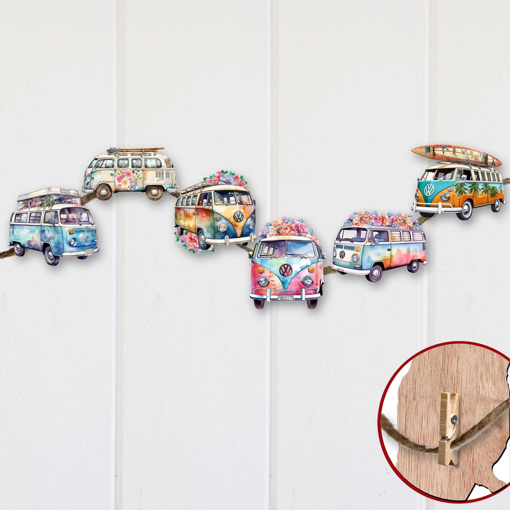 Surf Vans Clip-On Eco Wood Decorative Ornaments Set of 6 by G. Debrekht - Christmas Decor - 8090040C-S6