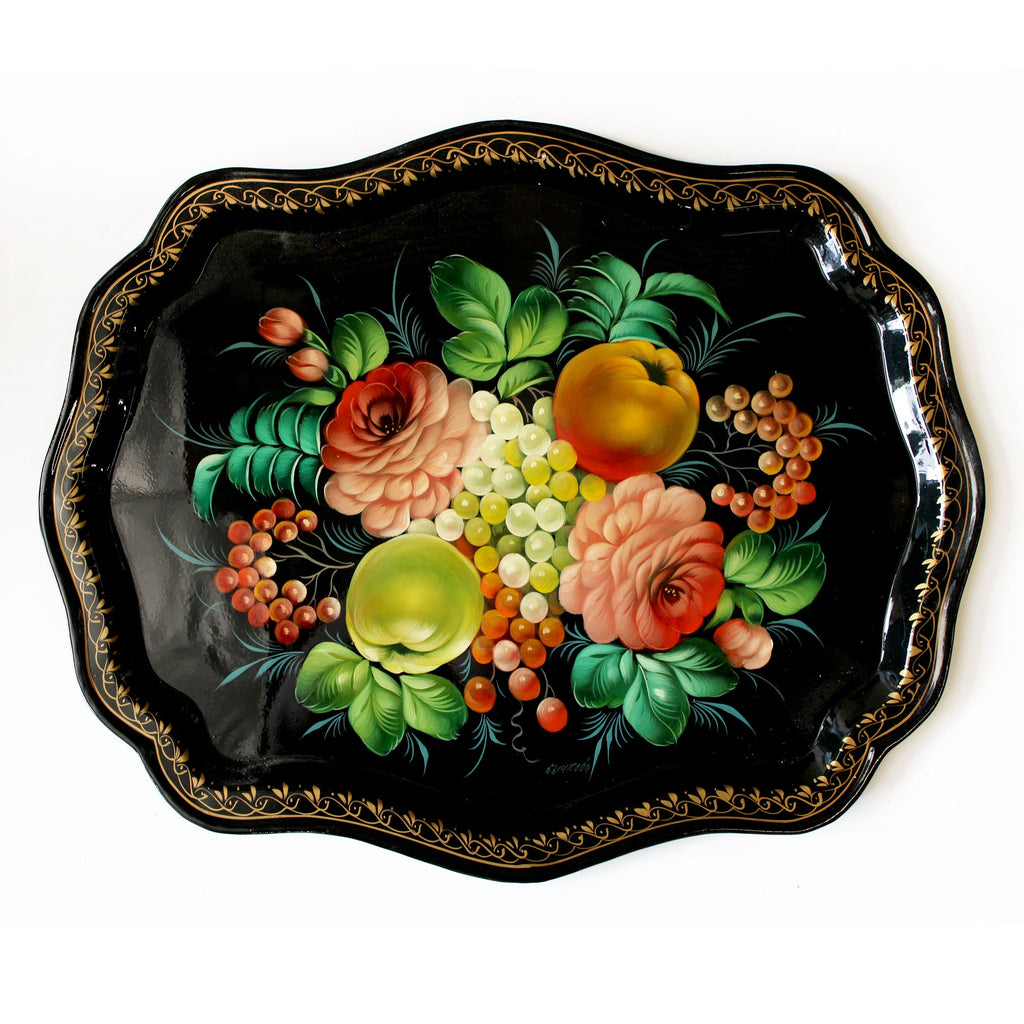 Authentic Zhostovo Floral Hand-Painted Metal Tray - 18x14 Kitchenware and Gift - Handmade Decorative Art One-of-a-Kind Work of Art by G. Debrekht Functional Kitchenware Table and Unique Wall Decor