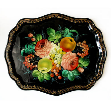 Authentic Zhostovo Floral Hand-Painted Metal Tray - 18x14 Kitchenware and Gift - Handmade Decorative Art One-of-a-Kind Work of Art by G. Debrekht Functional Kitchenware Table and Unique Wall Decor