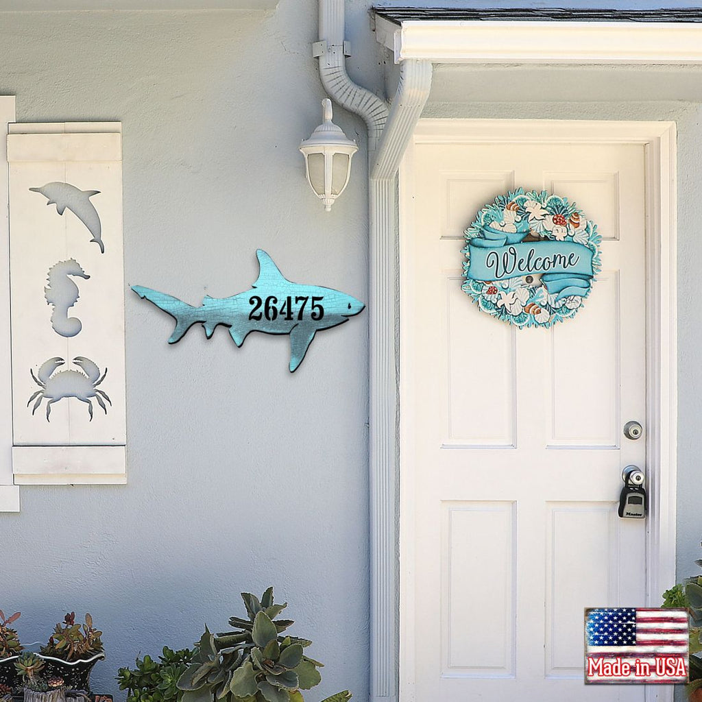 Shark Coastal Wooden Personalized House Number Sign by G. Debrekht - Coastal Sea-Life Decor - Handcrafted Wooden Handcrafted Wooden Handcrafted Wooden Address Sign - MA98515