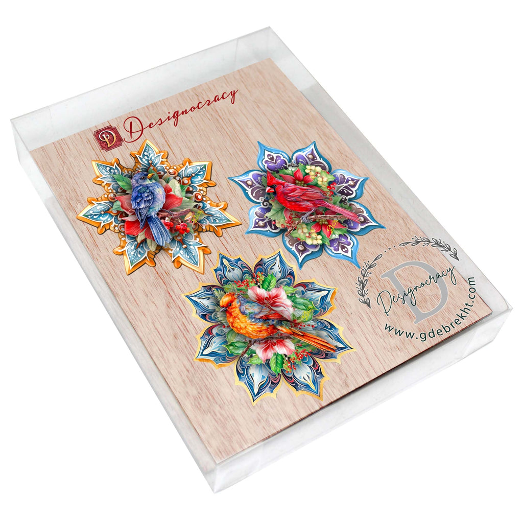 Forest Birds Snowflake Eco Wood Ornaments Set of 3 by G. Debrekht - Christmas Decor - 8090144-S3