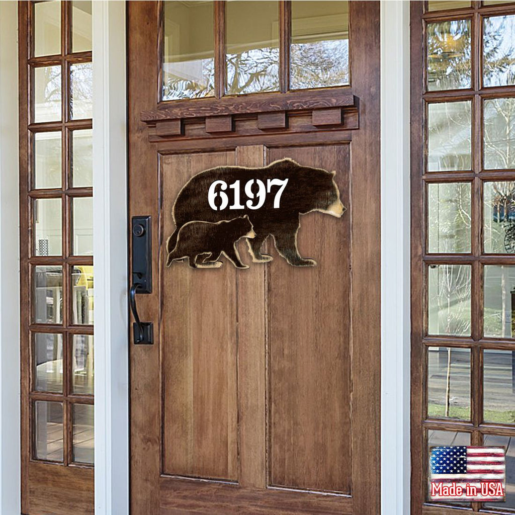 Bear Family Log Wooden Personalized House Number Sign - Nature Wildlife Decor - Handcrafted Wooden Address Sign - MA982143