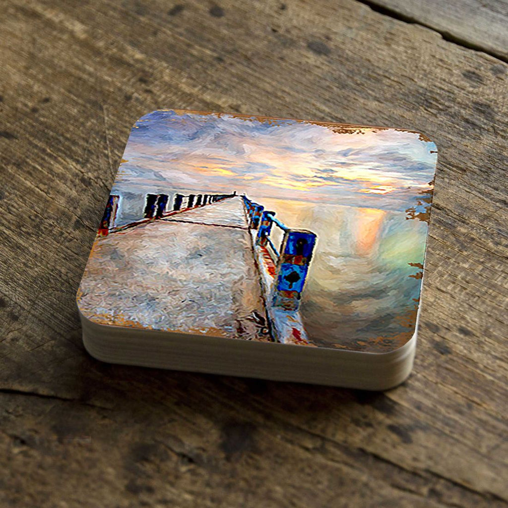 Pier Coastal Wooden Cork Coasters Gift Set of 4 by Nature Wonders - Coastal Sea-Life Decor - 95273C-S4