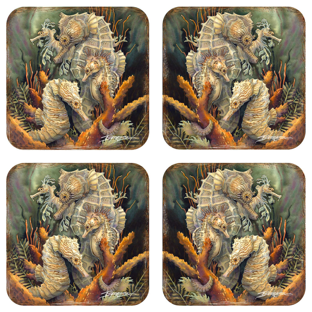 Seahorse Family Wooden Cork Coasters Gift Set of 4 by J. Bergsma - Coastal Decor - 8199454C-S4
