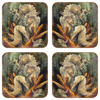Seahorse Family Wooden Cork Coasters Gift Set of 4 by J. Bergsma - Coastal Decor - 8199454C-S4