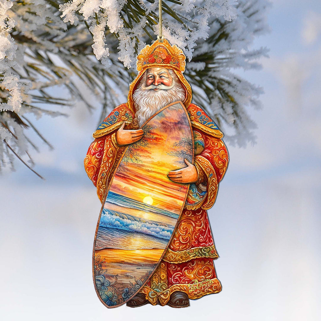 Santa's Tropical Surf Ride Wooden Ornaments by G. Debrekht - Christmas Santa Snowman Decor - 8691413