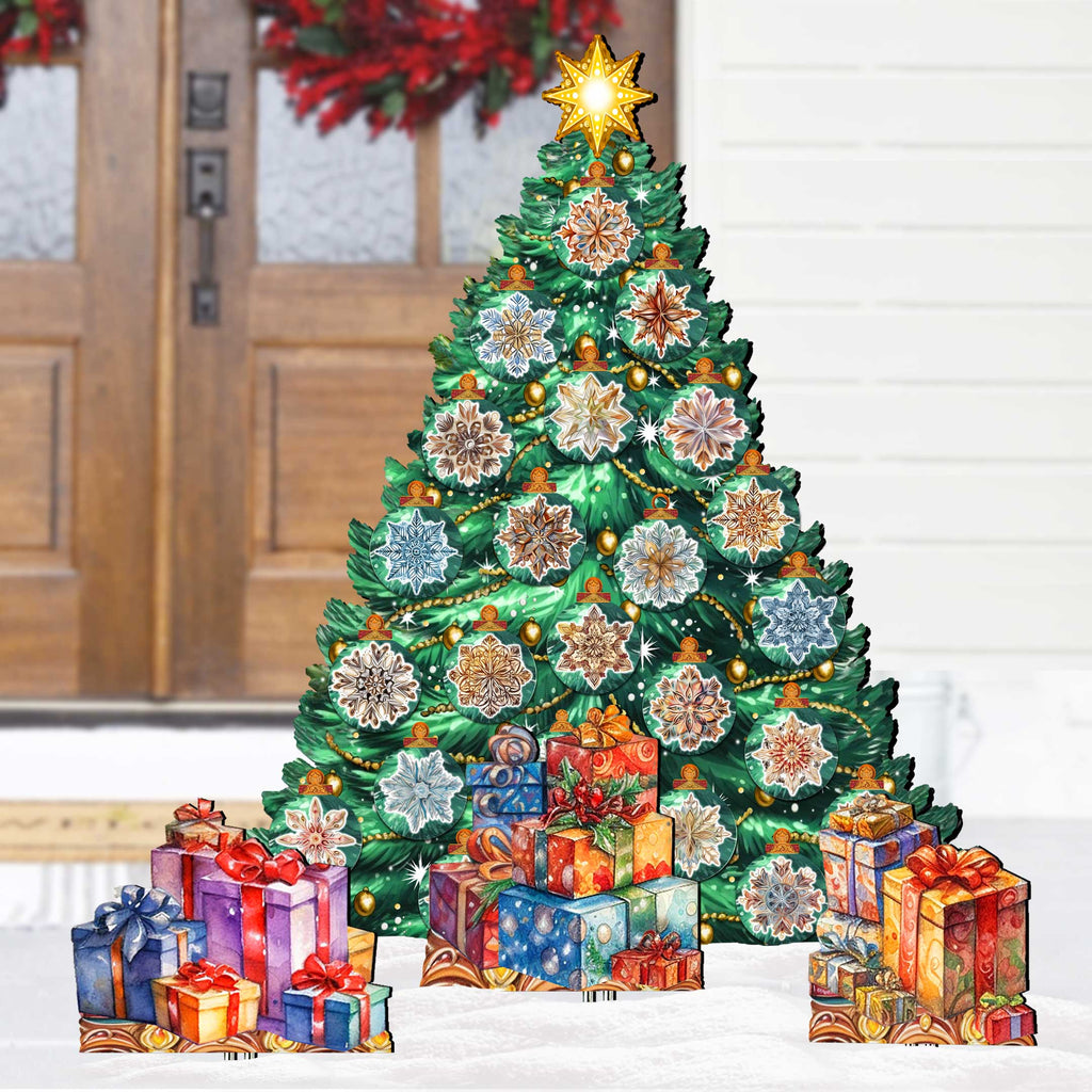 A large, colorful Christmas tree decorated with various ornaments and presents, surrounded by a pile of wrapped gifts.