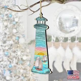 Lighthouse Palm Tree Wooden Ornaments by G. DeBrekht - Coastal Holiday Decor - 8198526