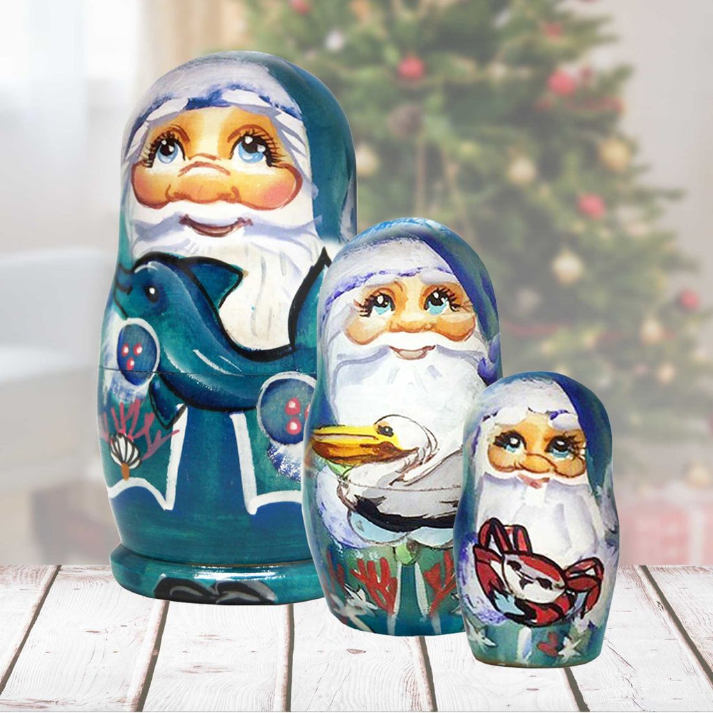 Mr. Santa of Sea Matreshka Nesting Hand-Painted Doll Set of 5 by G. DeBrekht - Coastal Holiday Decor - 110165