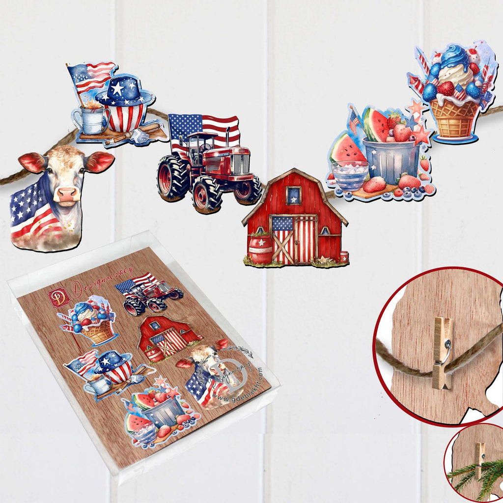 American Farmhouse Clip-On Eco Wood Decorative Ornaments Set of 6 by G. Debrekht - Patriotic Decor - 8090001C-S6