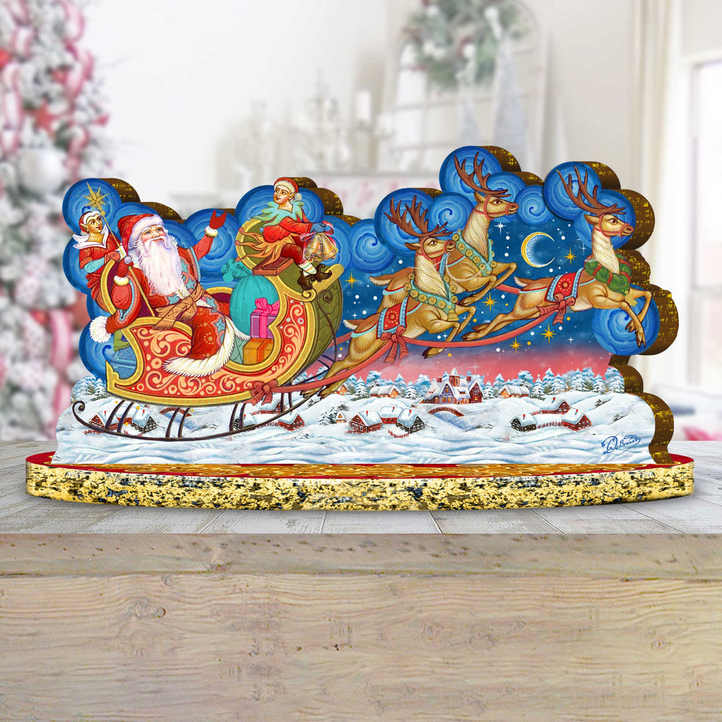 Santa Sleigh Ride with Reindeer Wooden Decor Tabletop Centerpiece by G. Debrekht - Christmas Snowman Decor - 89312
