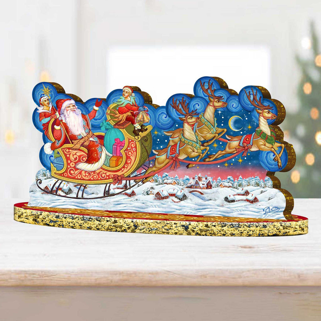 Santa Sleigh Ride with Reindeer Wooden Decor Tabletop Centerpiece by G. Debrekht - Christmas Snowman Decor - 89312
