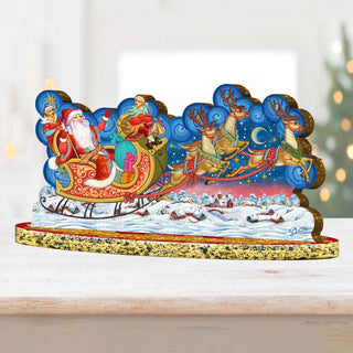 Santa Sleigh Ride with Reindeer Wooden Decor Tabletop Centerpiece by G. Debrekht - Christmas Snowman Decor - 89312
