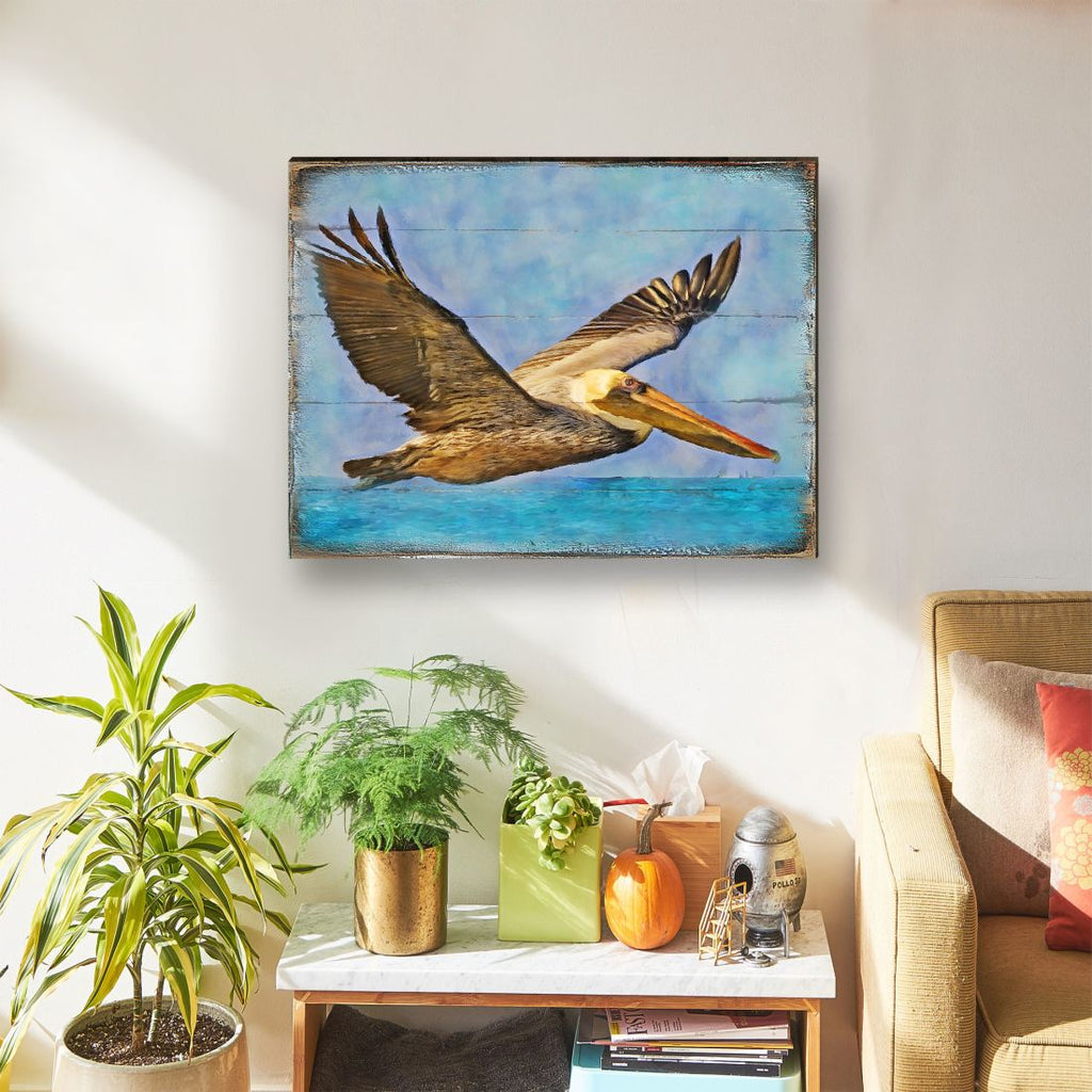 Flying Pelican Wooden Coastal Wall Art by Nature Wonders - Coastal Sea-Life Decor - 95387B
