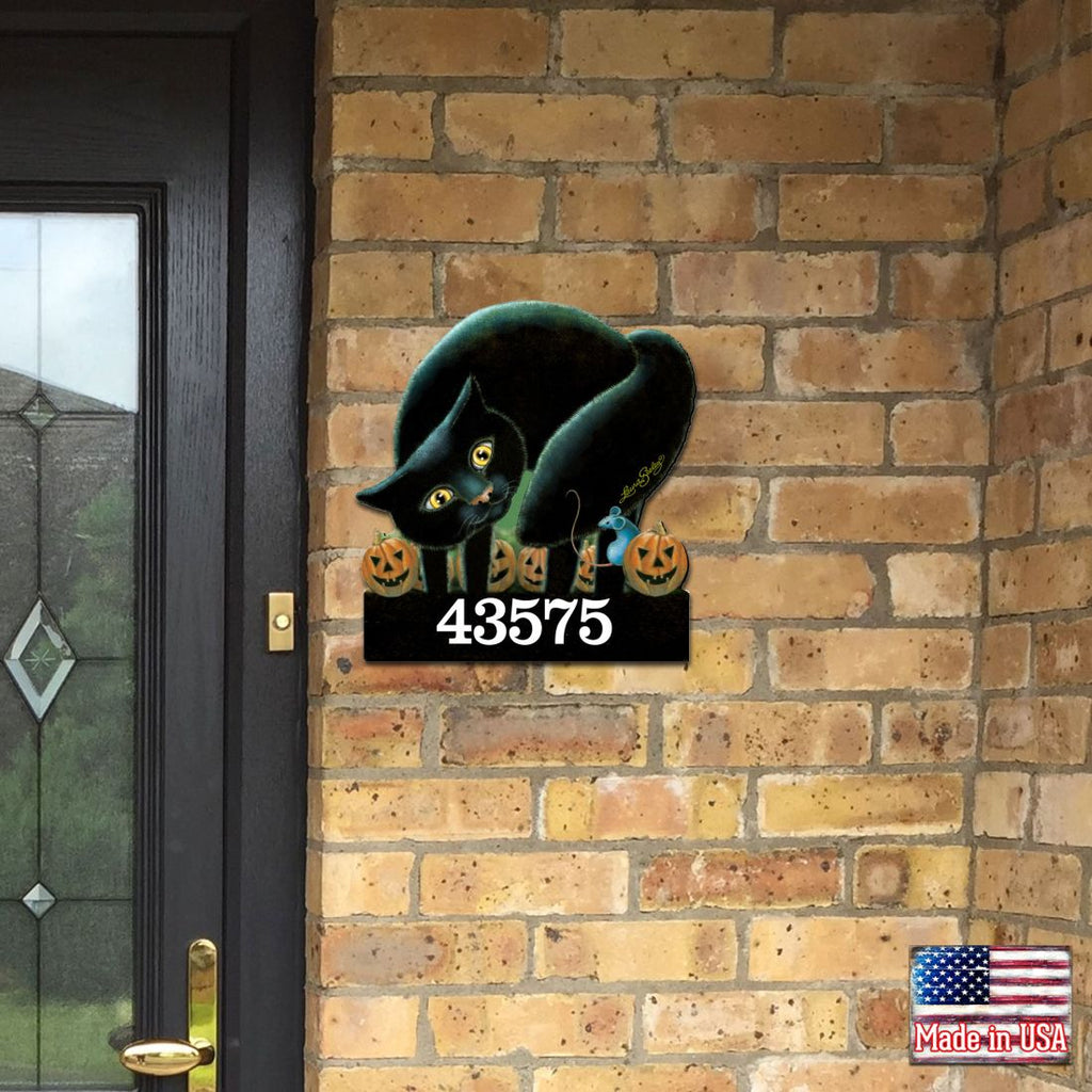 Black Cat Wooden Custom House Number Sign by Laura Seeley - Thanksgiving Halloween Decor - Handcrafted Wooden Address Sign - MA8512056-LS