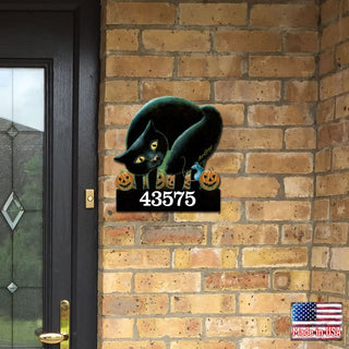 Black Cat Wooden Custom House Number Sign by Laura Seeley - Thanksgiving Halloween Decor - Handcrafted Wooden Address Sign - MA8512056-LS