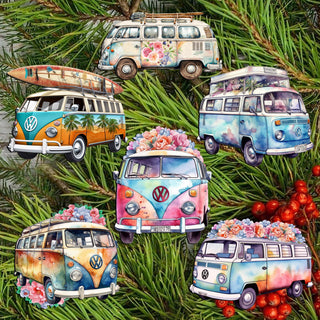 Surf Vans Clip-On Eco Wood Decorative Ornaments Set of 6 by G. Debrekht - Christmas Decor - 8090040C-S6