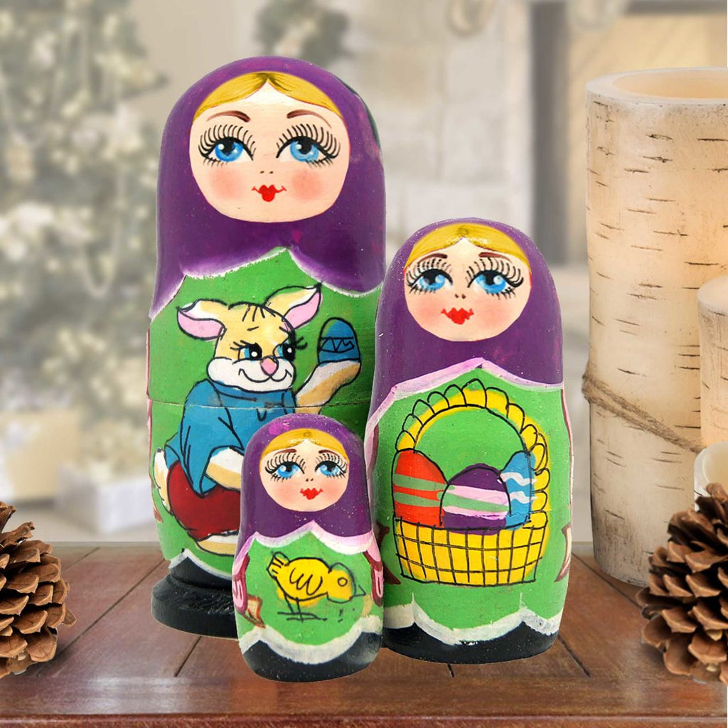 Easter Matreshka Nesting Hand-Painted Doll Set of 3 by G. DeBrekht - Easter Spring Decor - 14716