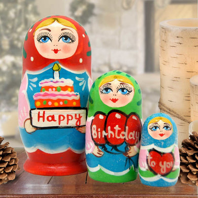 Happy Birthday Matreshka Nesting Hand-Painted Doll Set of 3 by G. DeBrekht - Love Family Kids Decor - 14712