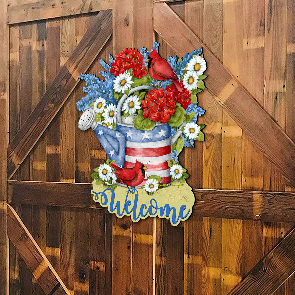 Front Door Patriotic Decoration American Watering Can Flowerpot Welcome Sign - Handmade Gift Rustic Adornment by Susan Winget - Wooden Front Porch Decor - 8471212H-SW