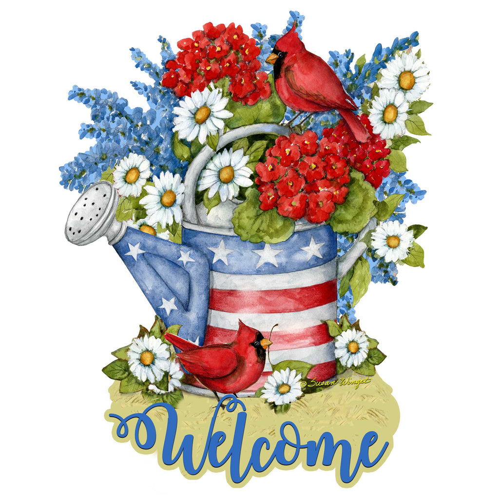 Front Door Patriotic Decoration American Watering Can Flowerpot Welcome Sign - Handmade Gift Rustic Adornment by Susan Winget - Wooden Front Porch Decor - 8471212H-SW