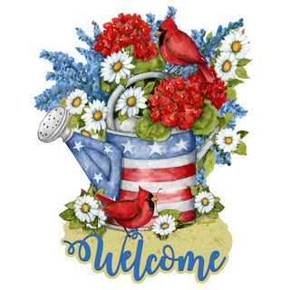 Front Door Patriotic Decoration American Watering Can Flowerpot Welcome Sign - Handmade Gift Rustic Adornment by Susan Winget - Wooden Front Porch Decor - 8471212H-SW