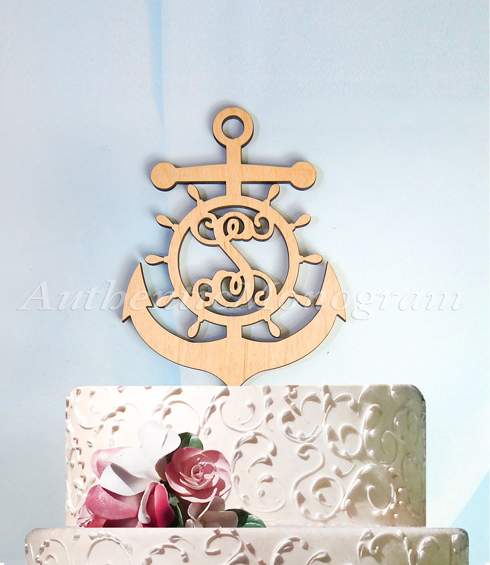 Wedding Cake Topper - A - Z Initial Wooden Anchor, Anchor Cake Topper, Birthday, Captains wheel, Nautical, Natural Wood