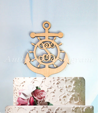 Wedding Cake Topper - A - Z Initial Wooden Anchor, Anchor Cake Topper, Birthday, Captains wheel, Nautical, Natural Wood